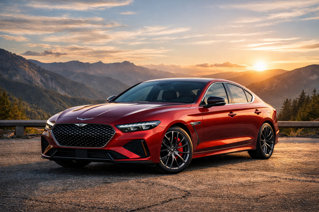 A 2026 Genesis G70 sports sedan in metallic red, parked at a three-quarter angle on a mountain overlook during the late afternoon. The car's sleek design is highlighted by its angular grille, sporty wheels, and aerodynamic side profile. The golden sunlight reflects off the vehicle's surface, while the breathtaking backdrop features mountains and a winding lake.